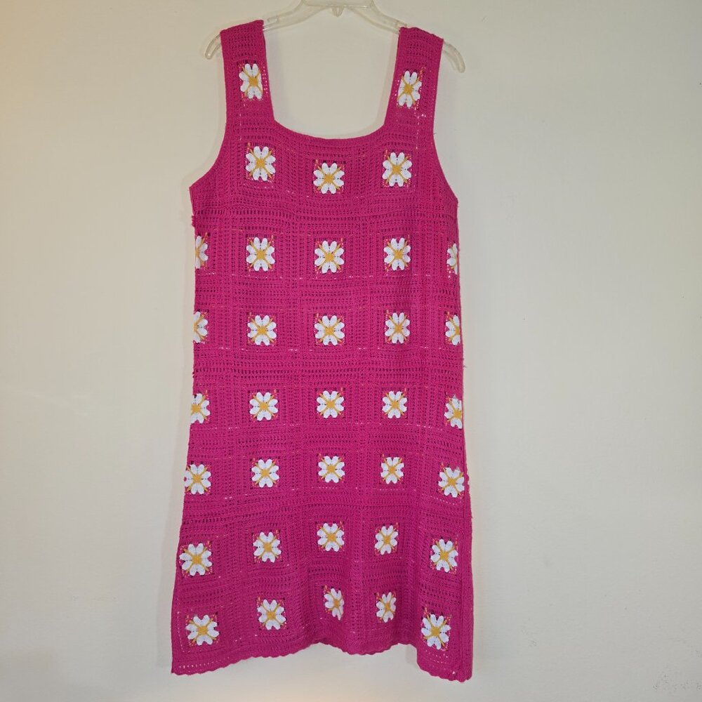 KIngs Road Pink Crochet Lined Dress SL Square Neck Large NWT - Picture 5 of 16